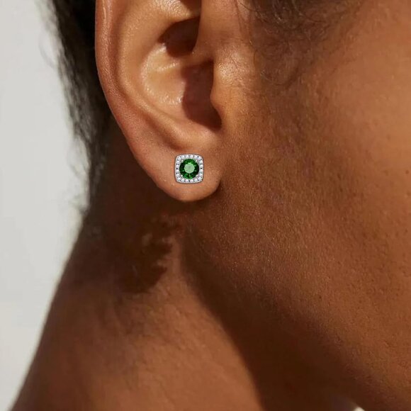Women's Green Square Simulated Dainty Diamond Halo Sparkling Stud Earring - Picture 3 of 9